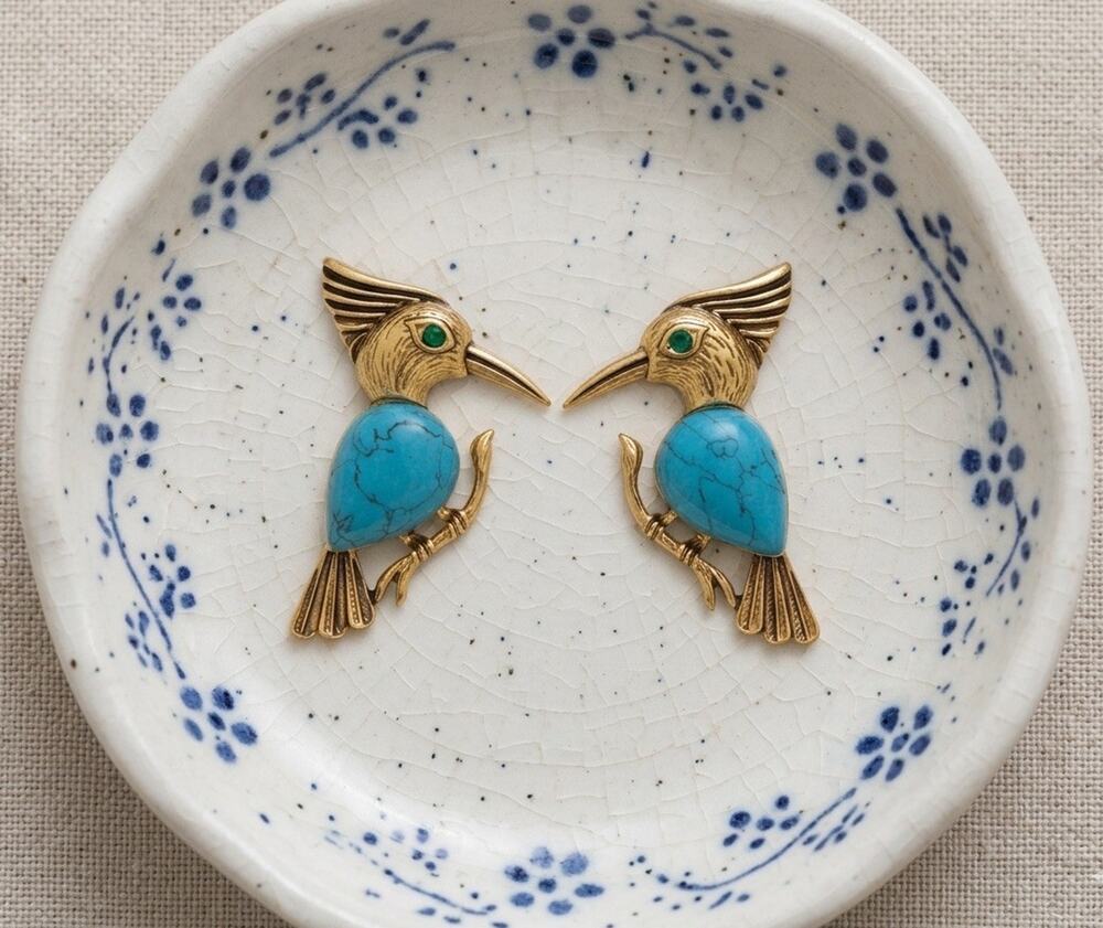 Museum Bird Earrings Turquoise Woodpecker VTG CZ Art Gold Antique Deco Boho